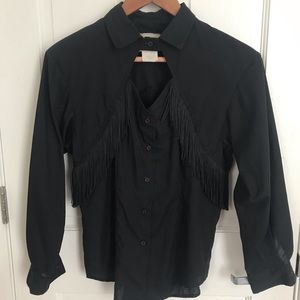 Vintage western wear button down black fringe shirt, size small